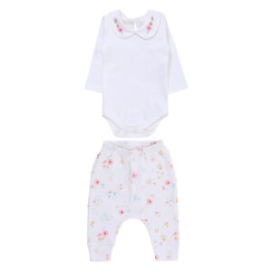 Set of Bodysuit with Embroidered Floral Collar and Pants
