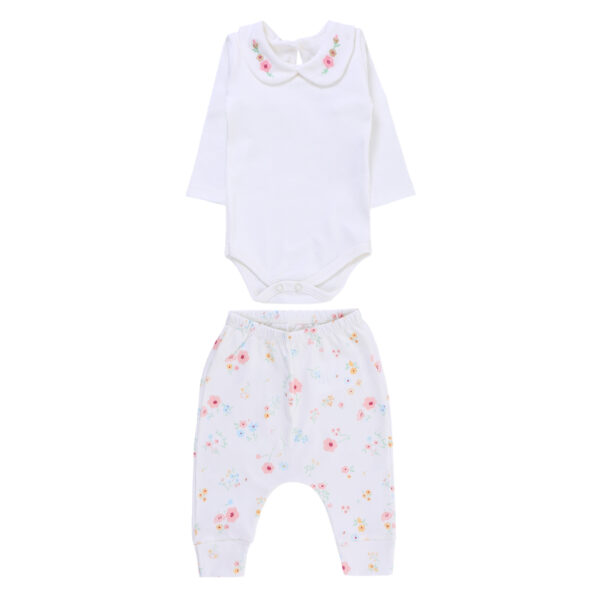 Set of Bodysuit with Embroidered Floral Collar and Pants